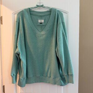 American Eagle Big Hug V-Neck Waffle Sweater (Teal)